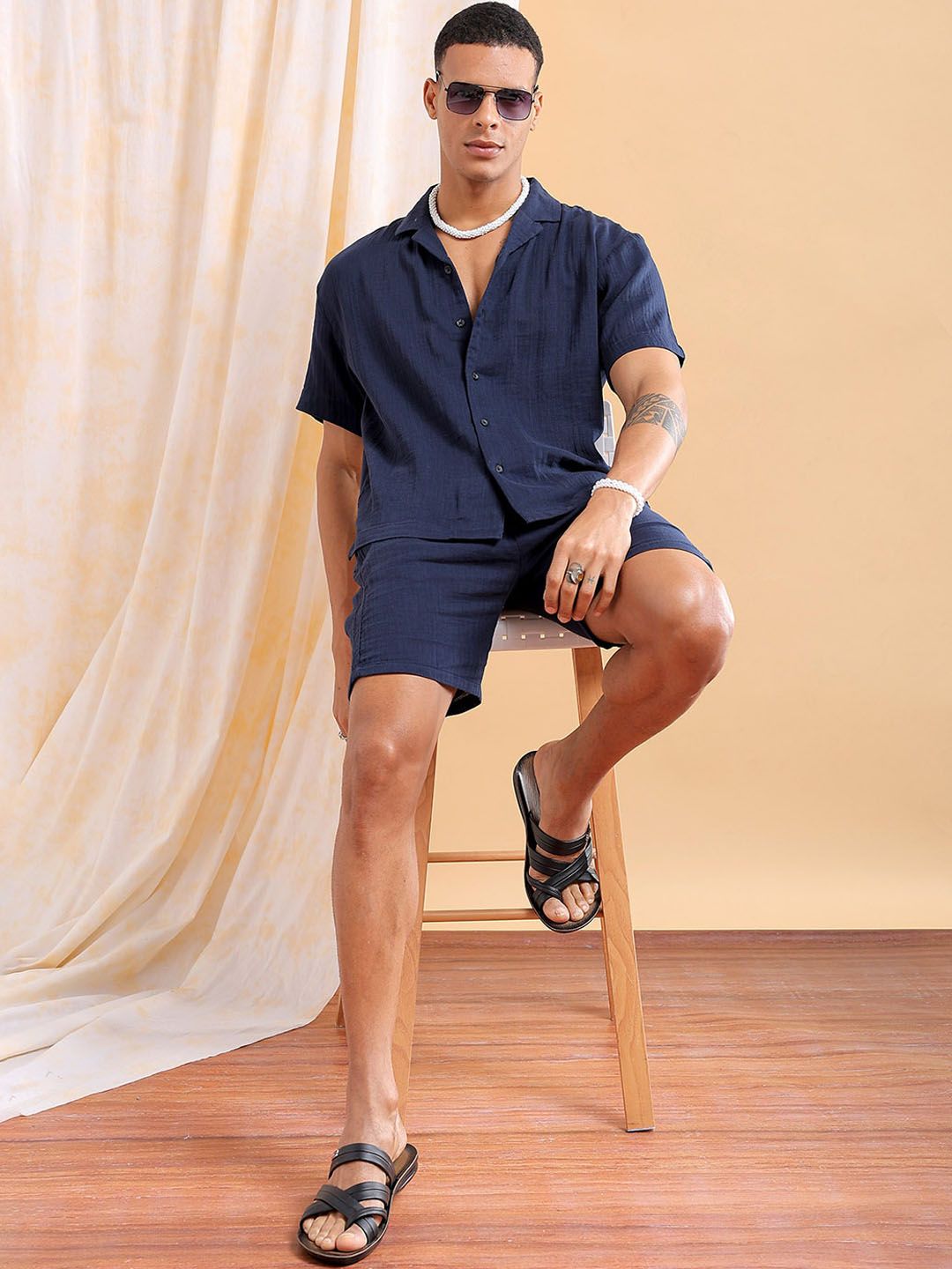 The Indian Garage Co Cuban Collar Pure Cotton Shirt With Shorts