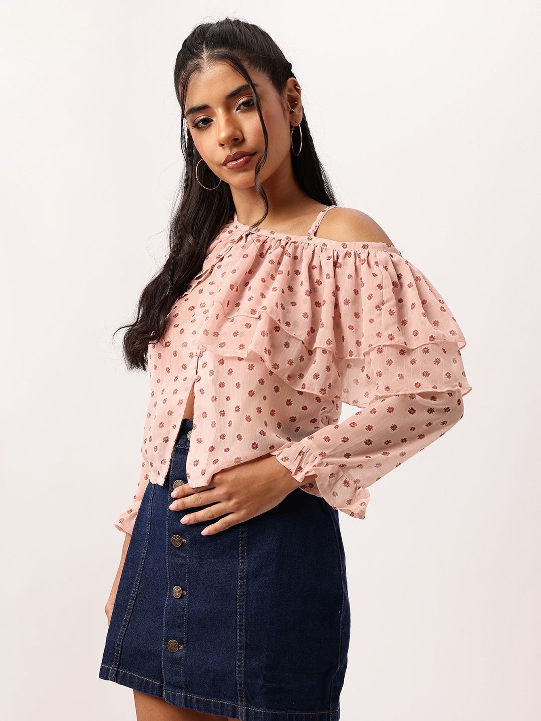 DressBerry Ruffles One-Shoulder Semi Sheer Top