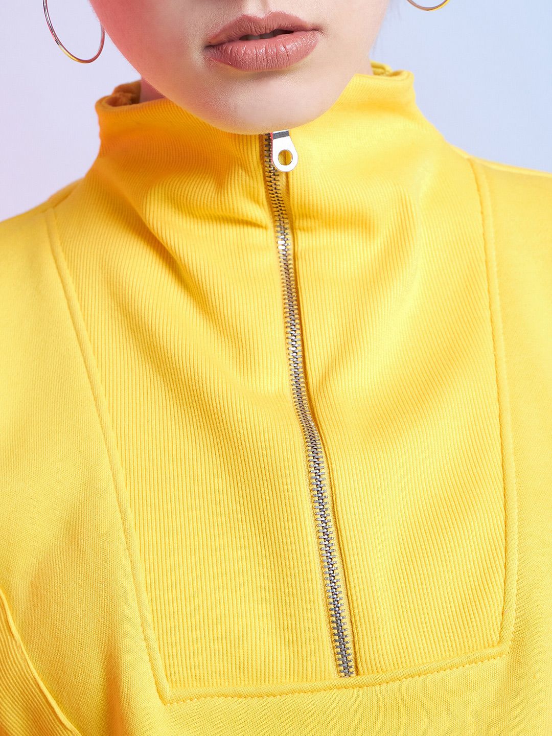 STREET 9 Yellow Mock Collar Pure Cotton Crop Sweatshirt