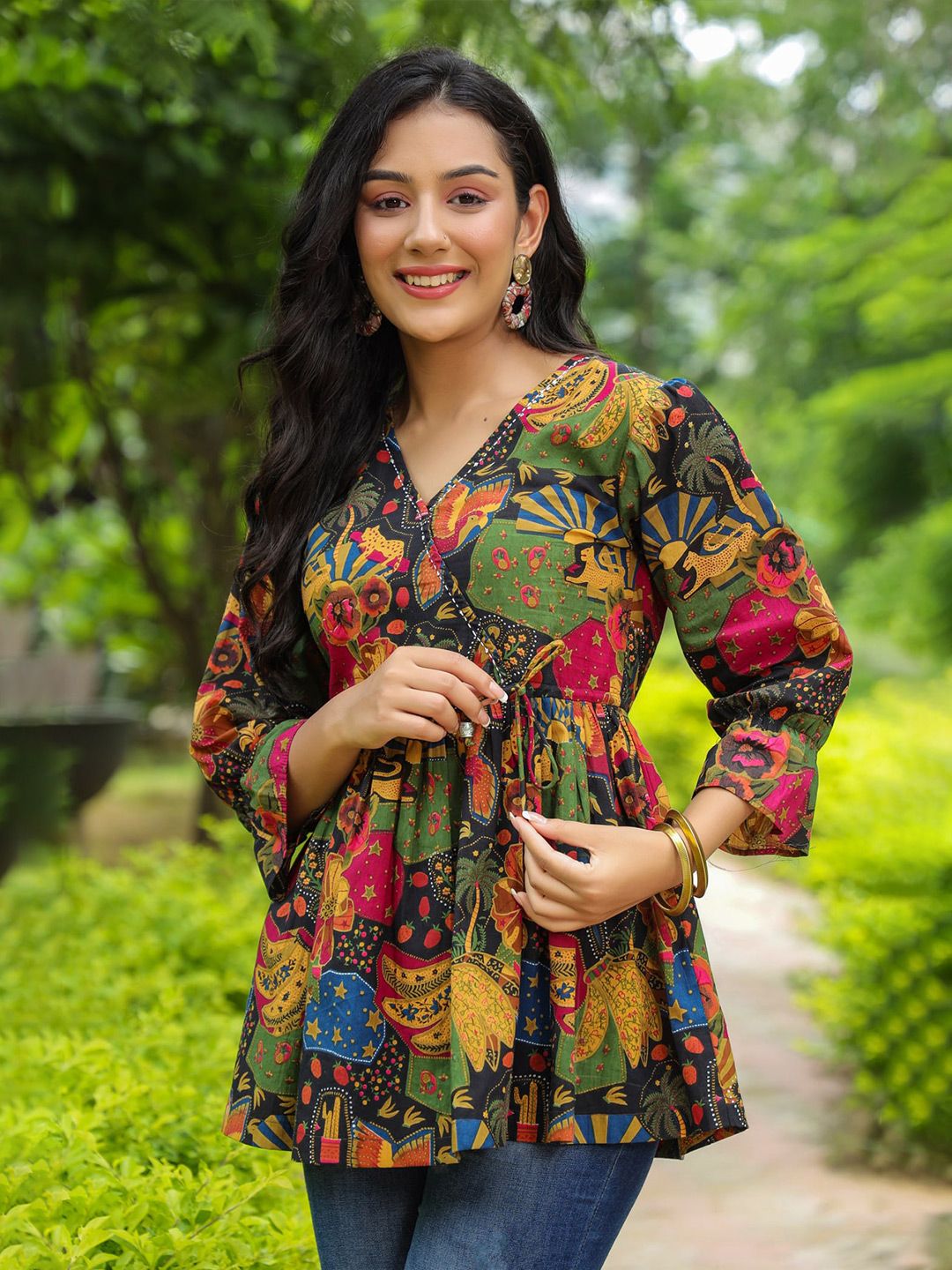 Rain & Rainbow Floral Printed Bell Sleeve Cotton Empire Top