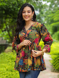 Rain & Rainbow Floral Printed Bell Sleeve Cotton Empire Top