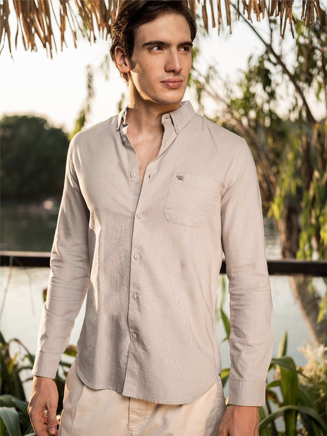 THE BEAR HOUSE Men Beige Solid Slim Fit Cotton Shirt