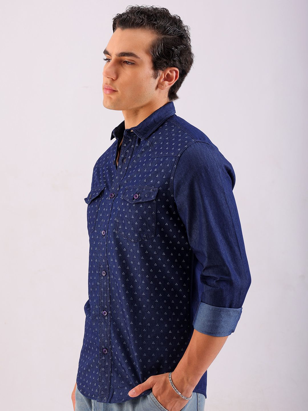 The Indian Garage Co Slim Fit Printed Cotton Casual Denim Shirt