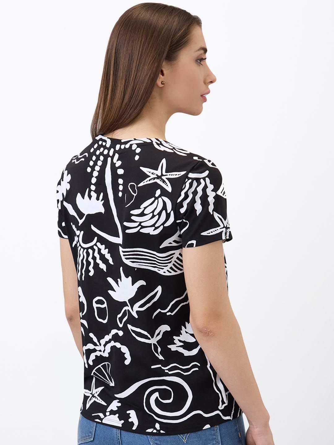 SPYKAR Women Regular Fit Abstract Printed Round Neck Cotton T-shirt