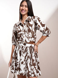Vishudh Brown Floral Printed Cuffed Sleeves Casual Shirt With Skirt