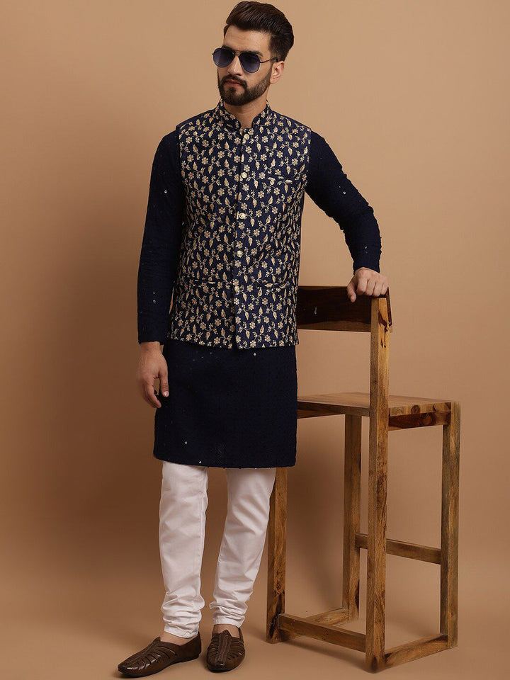 SOJANYA Ethnic Embroidered Sequinned Pure Cotton Kurta & Churidar With Nehru Jacket