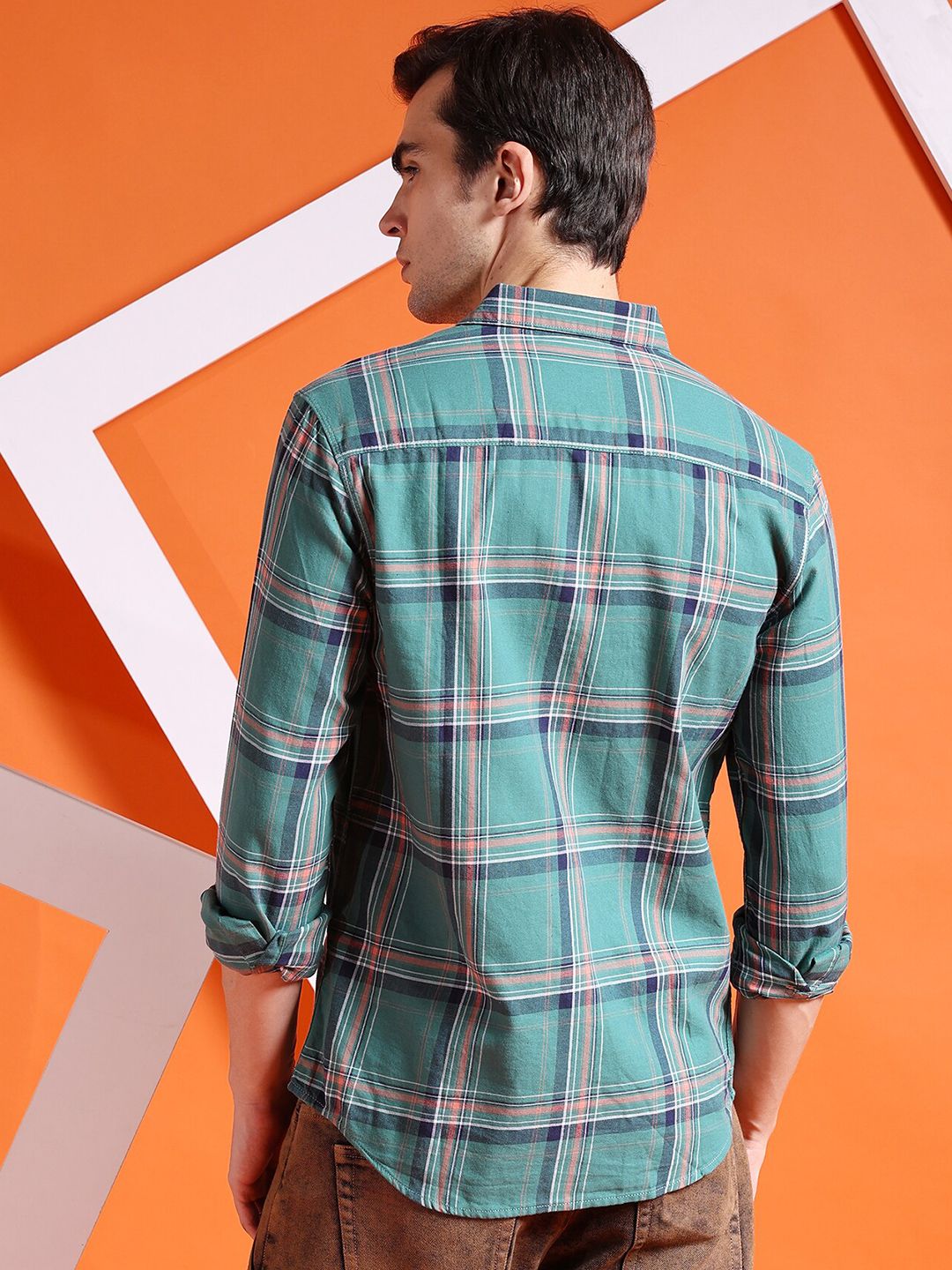 The Indian Garage Co Olive Green Slim Fit Checked Spread Collar Cotton Casual Shirt