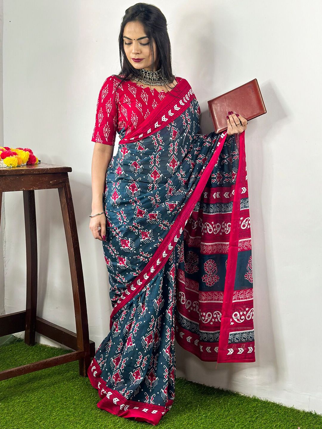 KALINI Ethnic Motifs Printed Poly Cotton Bagh Saree