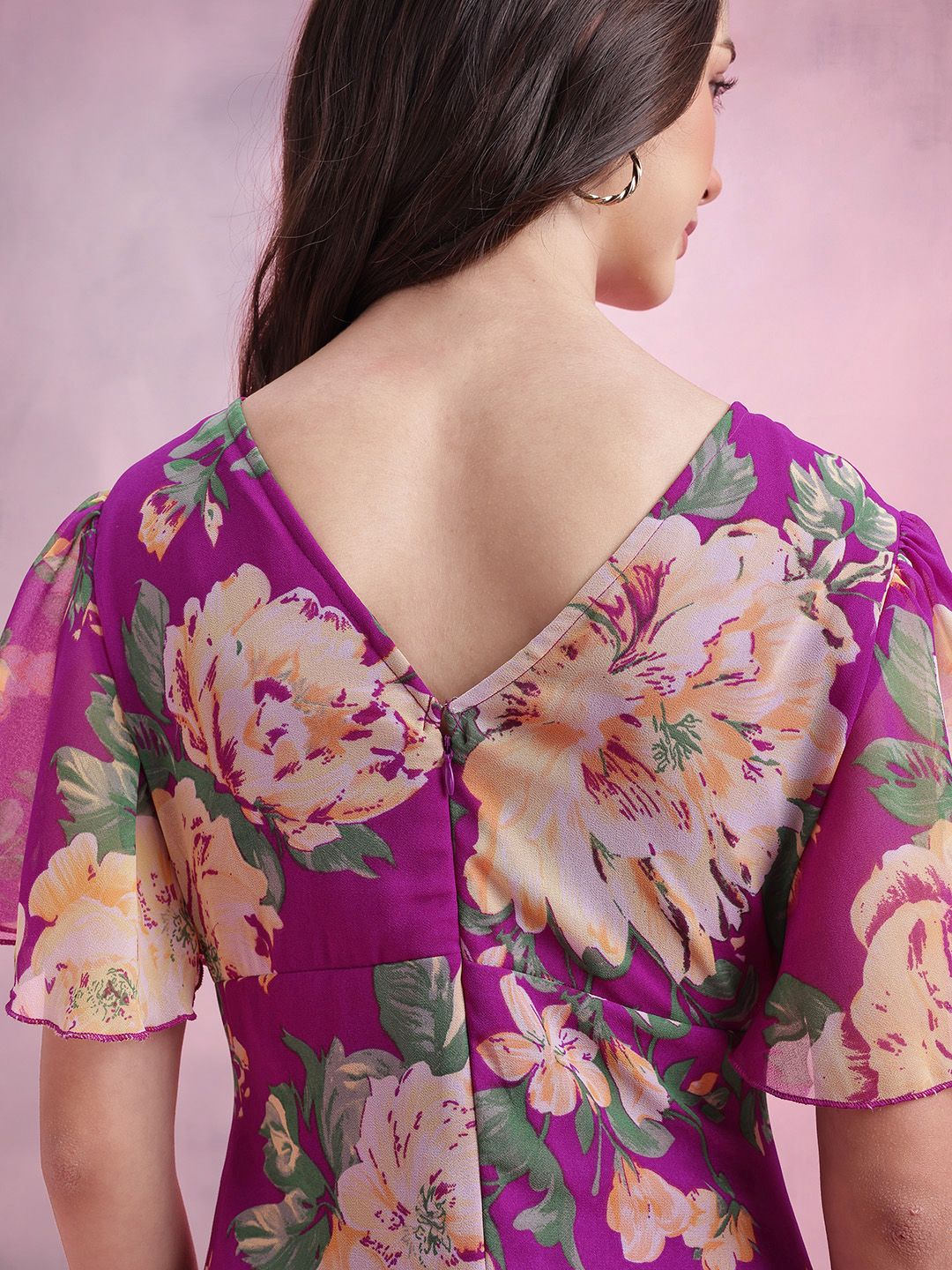 DressBerry Floral Print Flared Sleeve Layered A-Line Maxi Dress