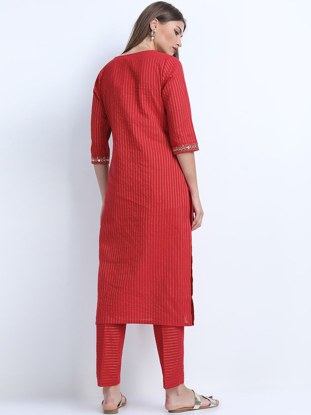 Vishudh Women Red Embroidered Pure Cotton Kurta with Trousers
