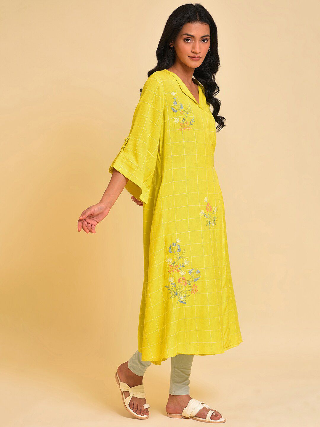 W Yellow Floral Printed A-Line Angrakha Kurta
