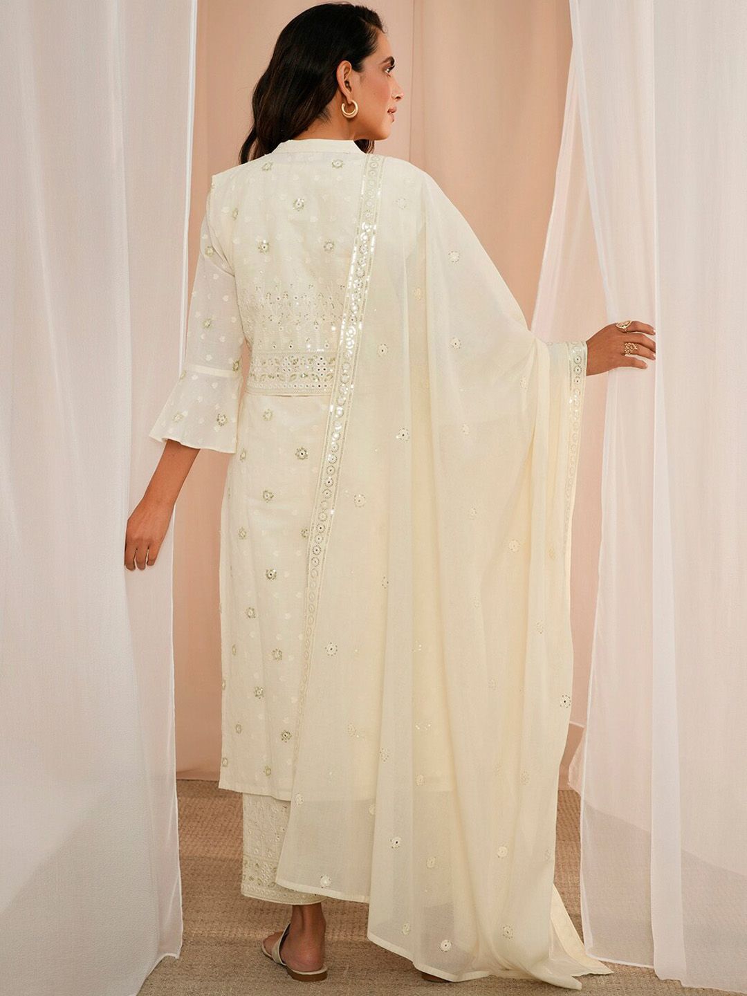 Libas Floral Embroidered Regular Sequinned Pure Cotton Kurta With Trousers & Dupatta