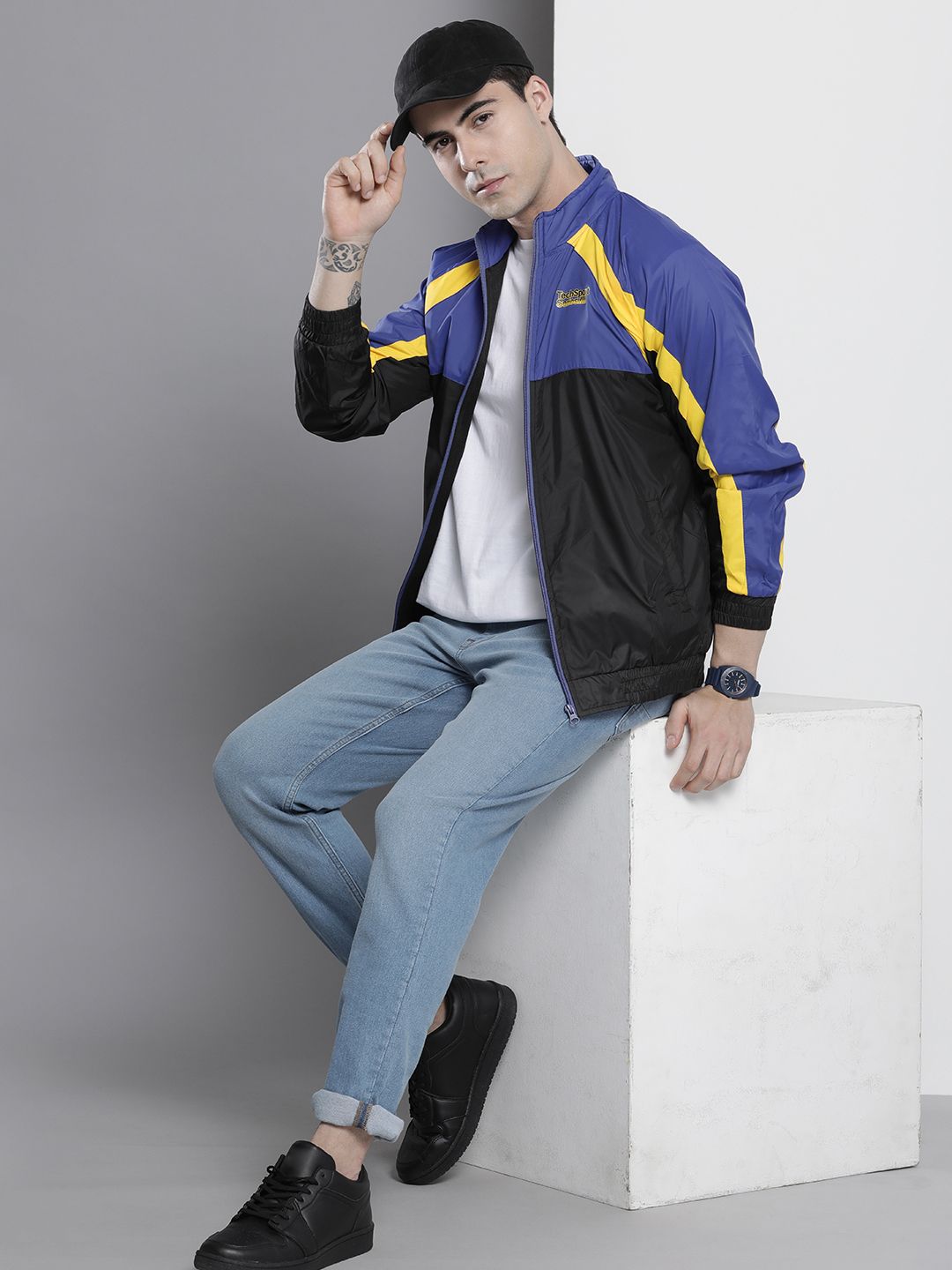 The Indian Garage Co Men Black & Blue Colourblocked Windcheater Bomber Jacket