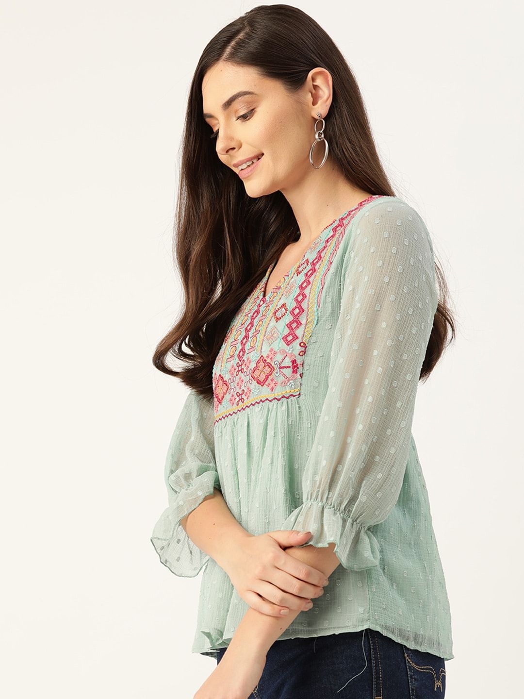 Antheaa Sea Green & Pink Yoke Embroidered Dobby Weave A-Line Top