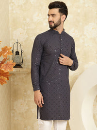 SOJANYA Men Grey Thread Work Kurta