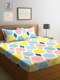 KLOTTHE Pink Geometric Cotton 300 TC King Fine 2 Bedsheet with 4 Pillow Covers-98 x 87 inches