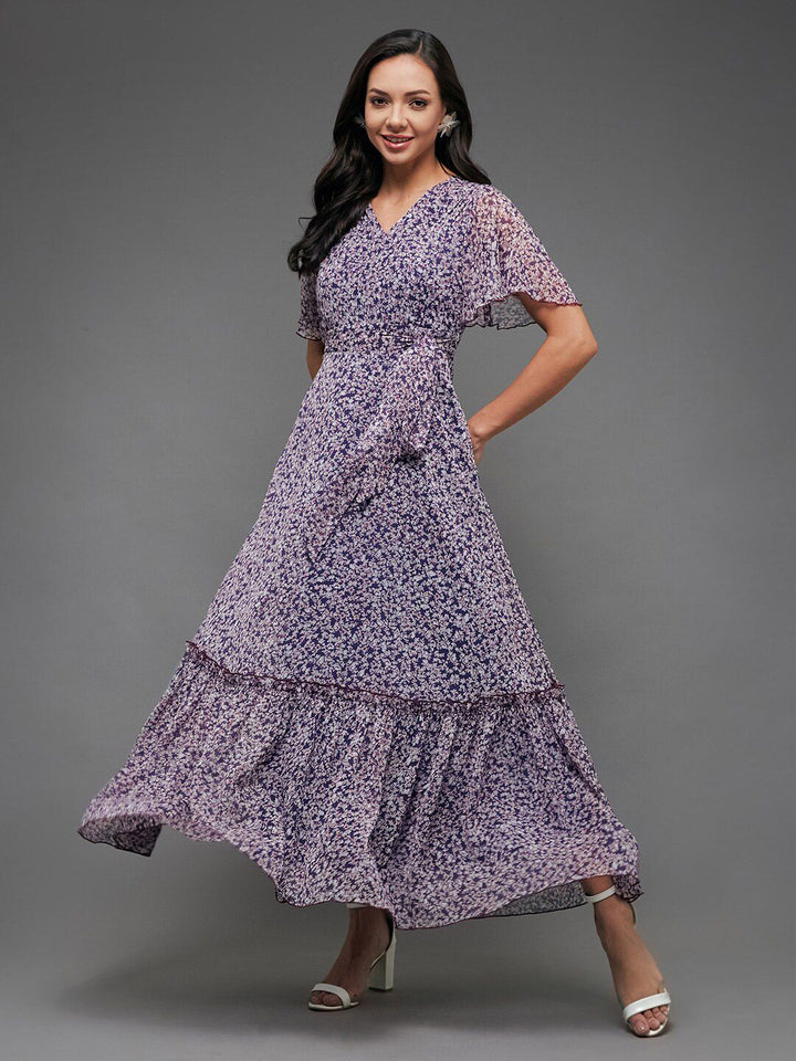 Miss Chase Floral Printed Flared Sleeve Maxi Dress