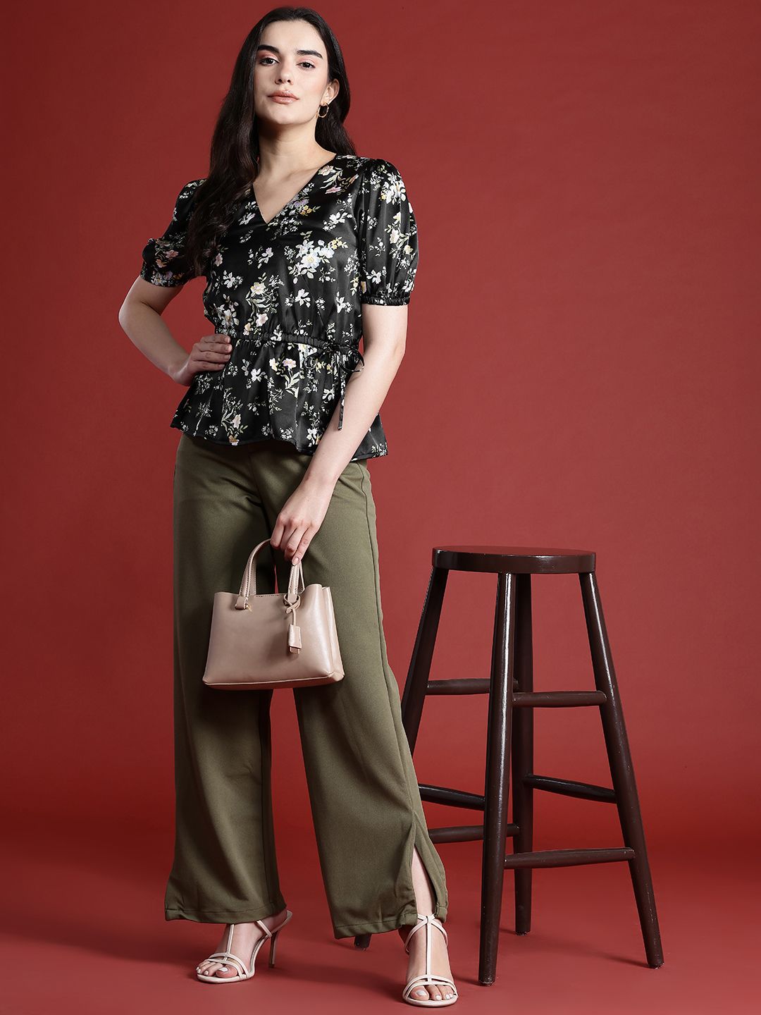all about you Floral Print Cinched Waist Satin Finish Top