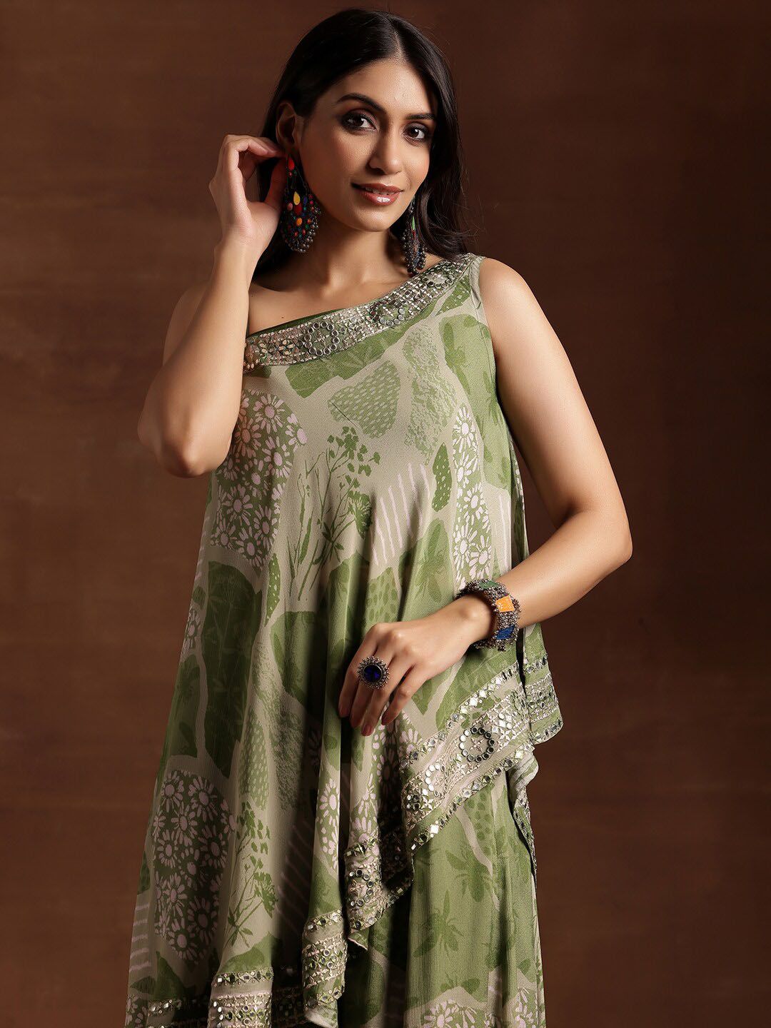 Libas Floral Printed One Shoulder Sleeveless Tunic & Palazzo With Slip