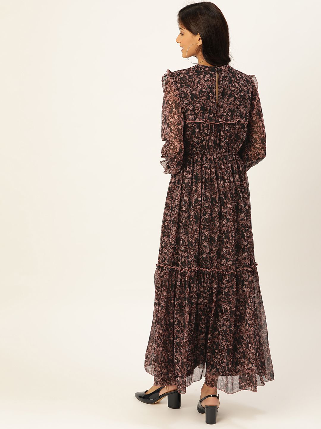 Antheaa Women Black & Mauve Floral Print Maxi Dress