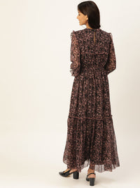 Antheaa Women Black & Mauve Floral Print Maxi Dress
