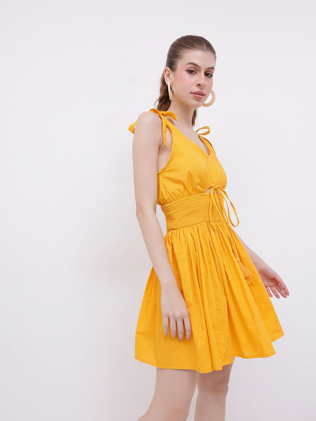 DressBerry Flattering Charm Cinched Smocked Waist Cut-Outs Bow Detailed A-line Mini Dress