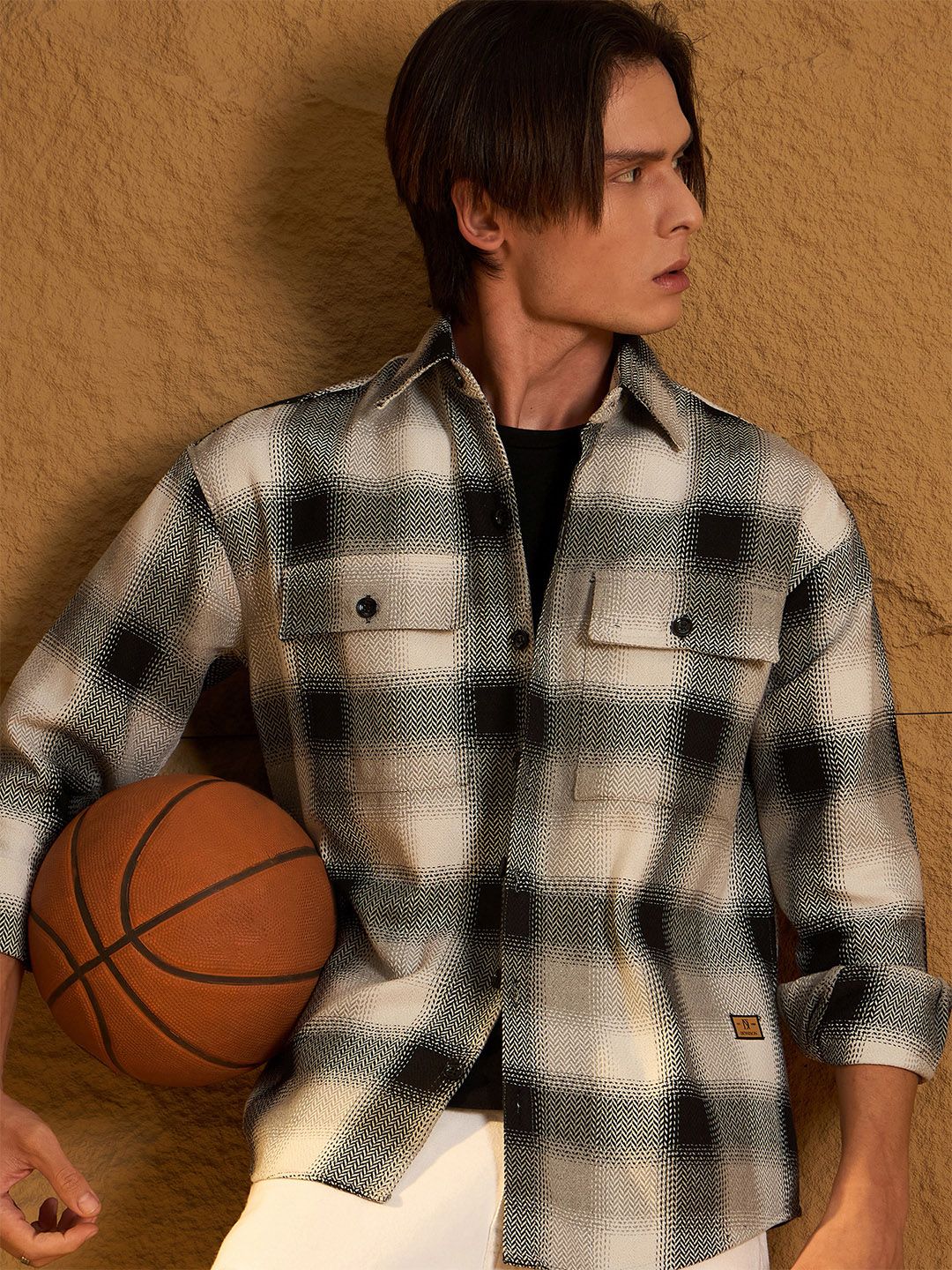 DENNISON Men Double Pocket Drop Shoulder Oversized Cotton Checked Shacket