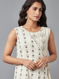 W Off-White & Grey Ethnic Motifs Printed Layered Basic Jumpsuit