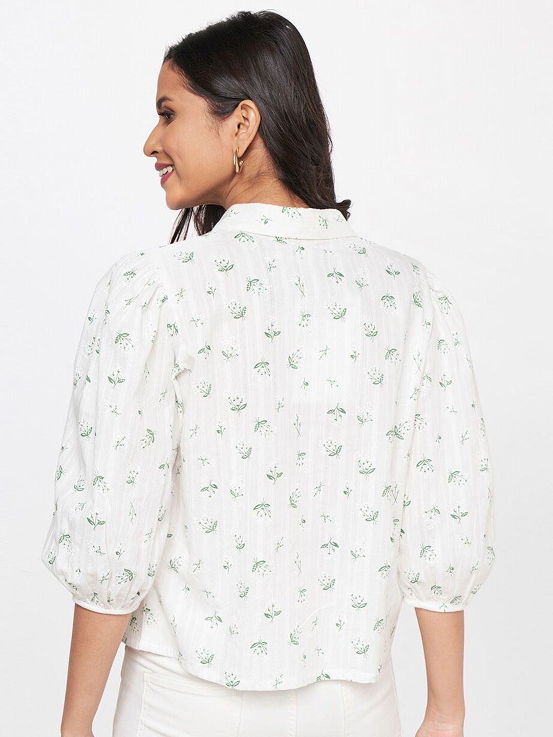 AND White & Green Floral Printed Shirt Style Top