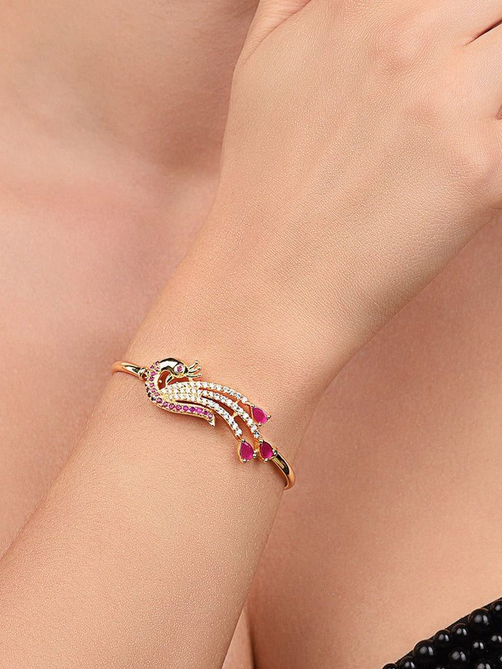 Zaveri Pearls Gold-Plated Peacock Shaped Cubic Zirconia Studded Kada Bracelet