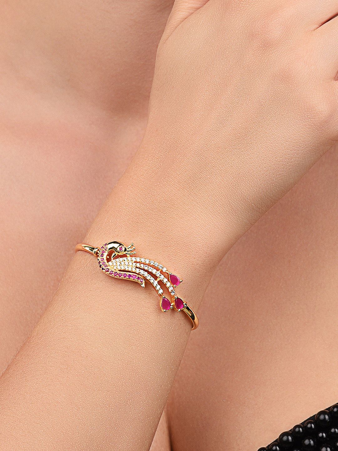 Zaveri Pearls Gold-Plated Peacock Shaped Cubic Zirconia Studded Kada Bracelet