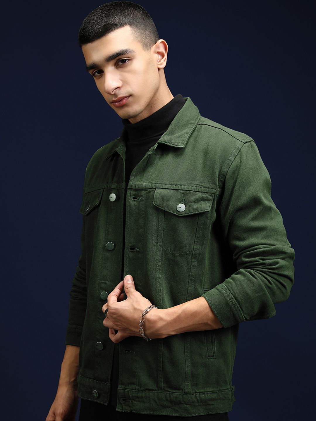Highlander Men Jaket Denim Pepejal Hijau