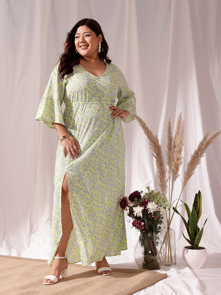 CURVY STREET Plus Size Floral Print V-Neck Long Bell Sleeve Fit & Flare Dress
