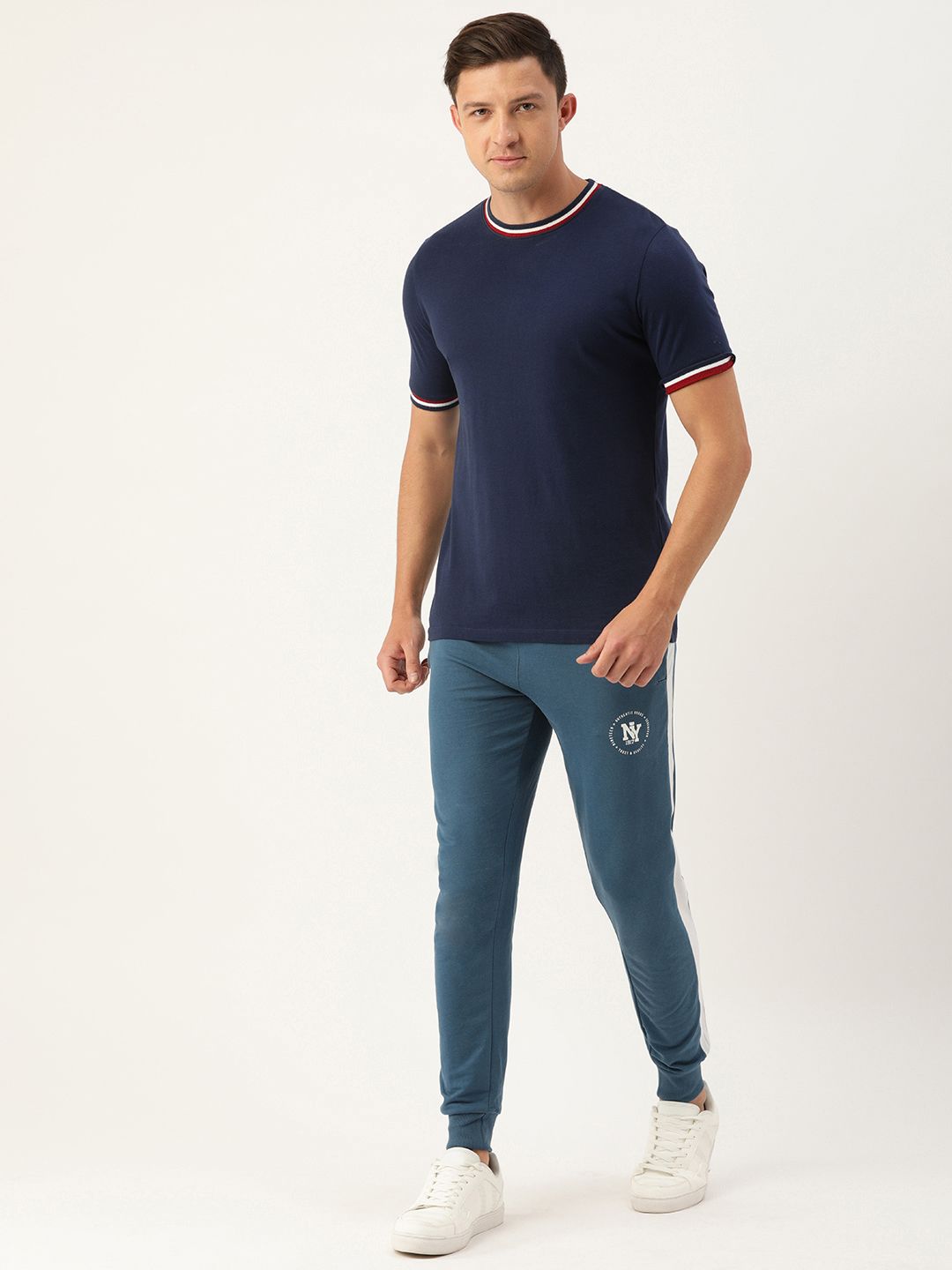 The Indian Garage Co Men Teal Solid Slim Fit  Jogger with Side Strips