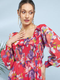 Antheaa Floral Printed Puff Sleeve Chiffon A-Line Midi Dress