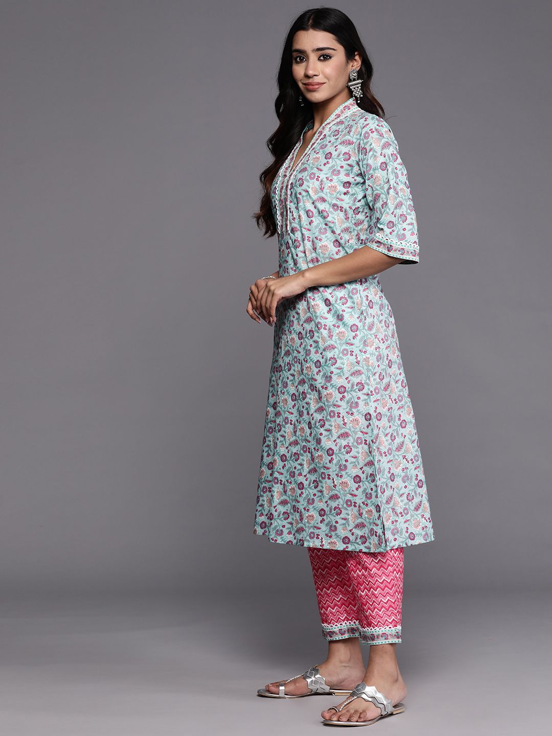 Libas Women Floral Printed Pure Cotton Kurta with Trousers & Dupatta