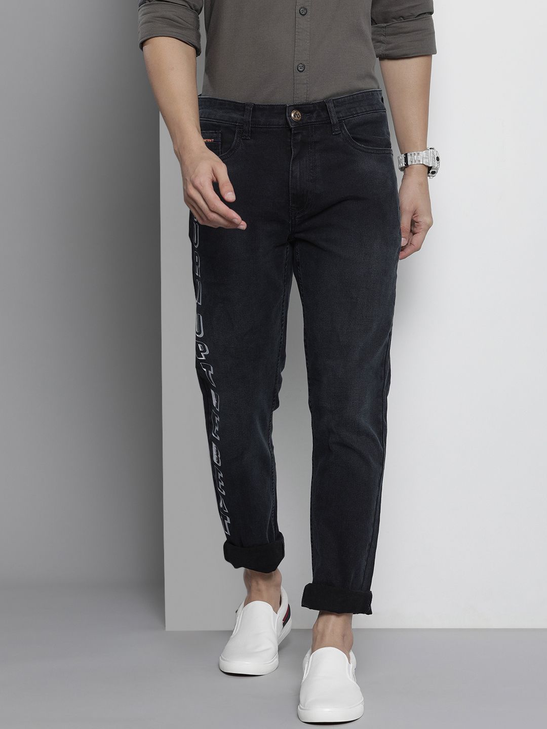 The Indian Garage Co Men Navy Blue Slim Fit Cropped Stretchable Jeans