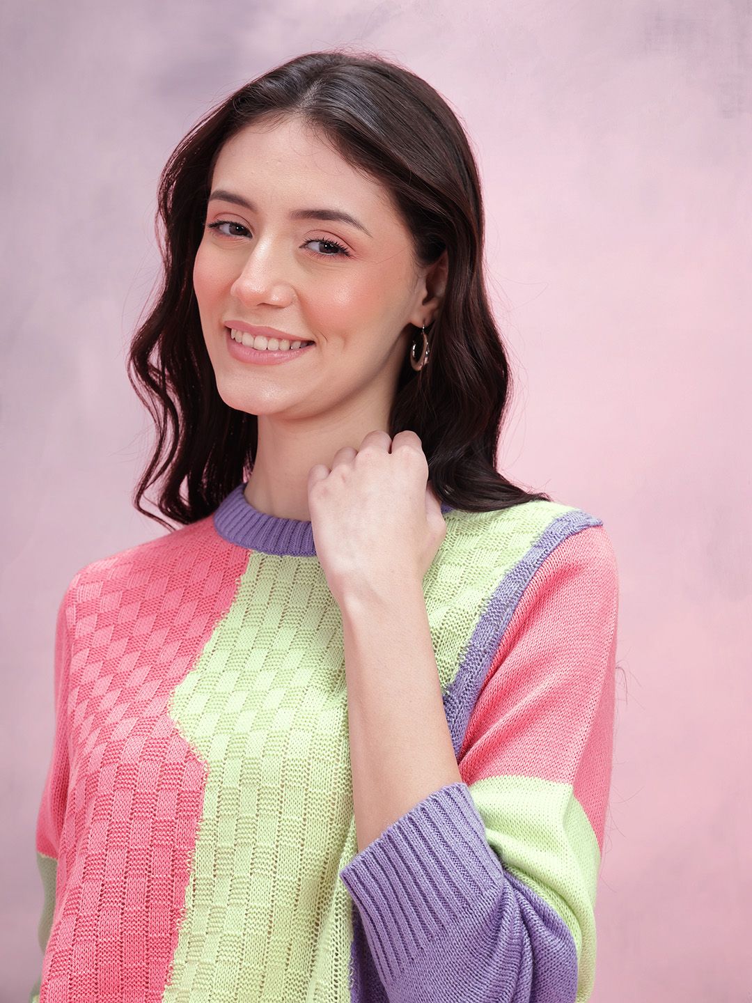 DressBerry Women Self Design Colourblocked Acrylic Pullover
