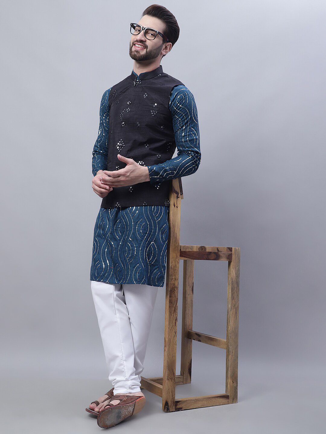 SOJANYA Embroidered Sequinned Pure Cotton Kurta and Churidar with Nehru Jacket