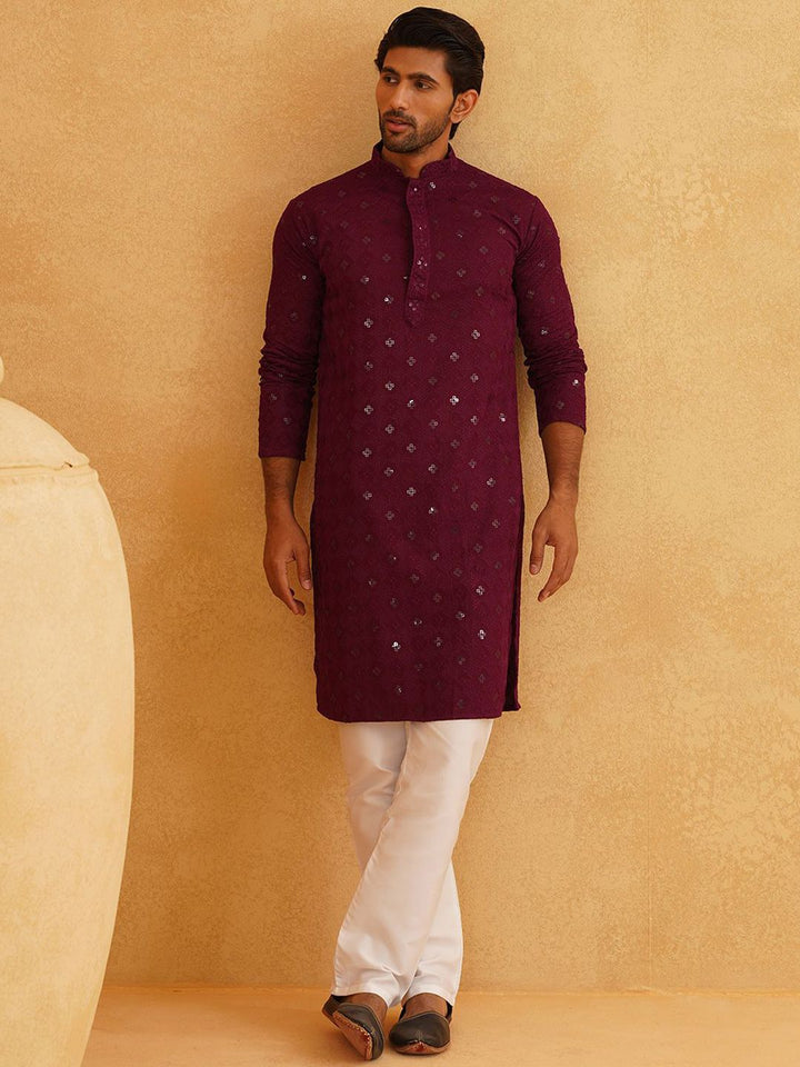 SOJANYA Geometric Embroidered Mandarin Collar Sequinned Pure Cotton Kurta with Churidar