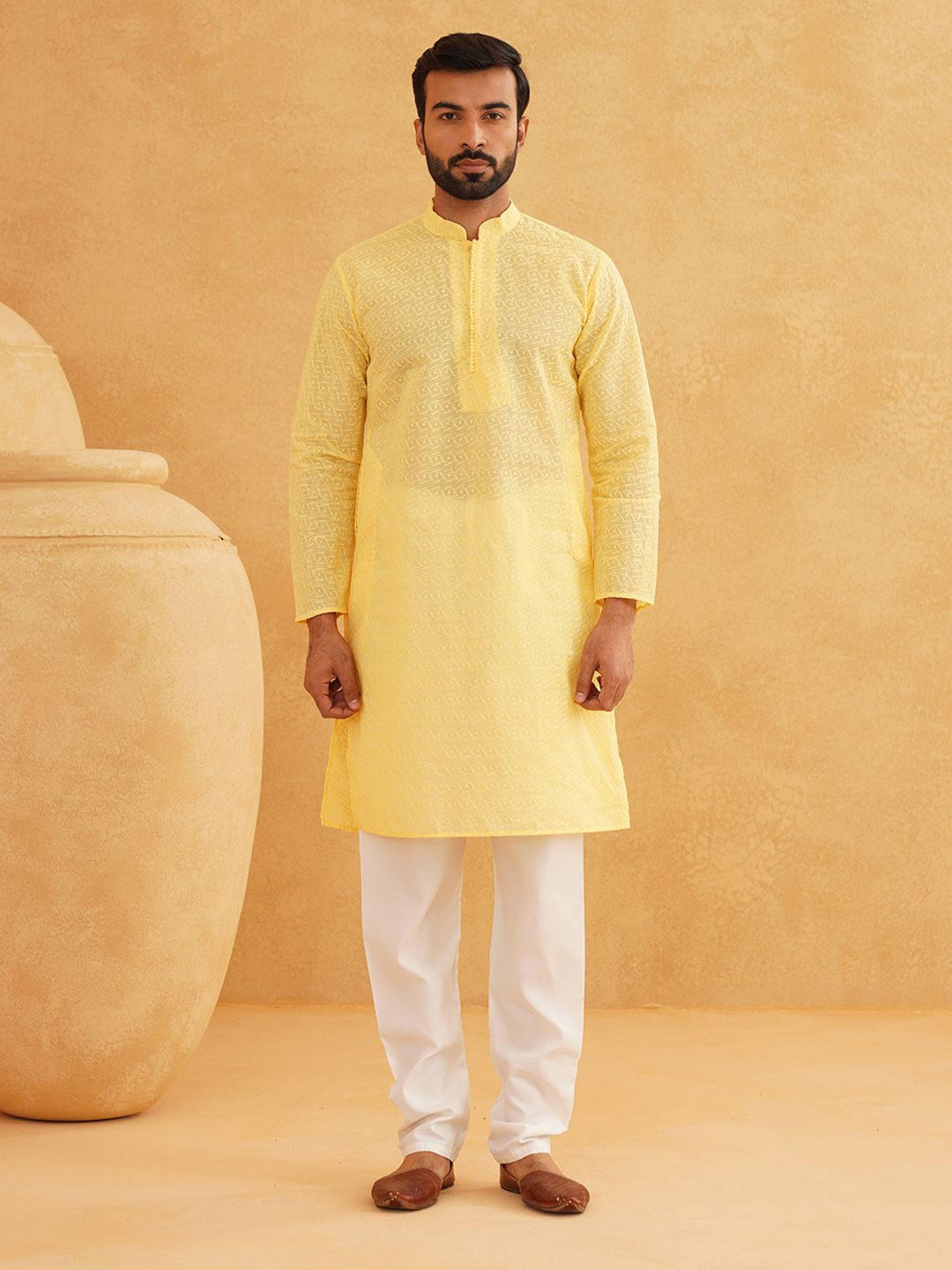 SOJANYA Lelaki Motif Etnik Kapas Tulen Sulam Kurta Chikankari