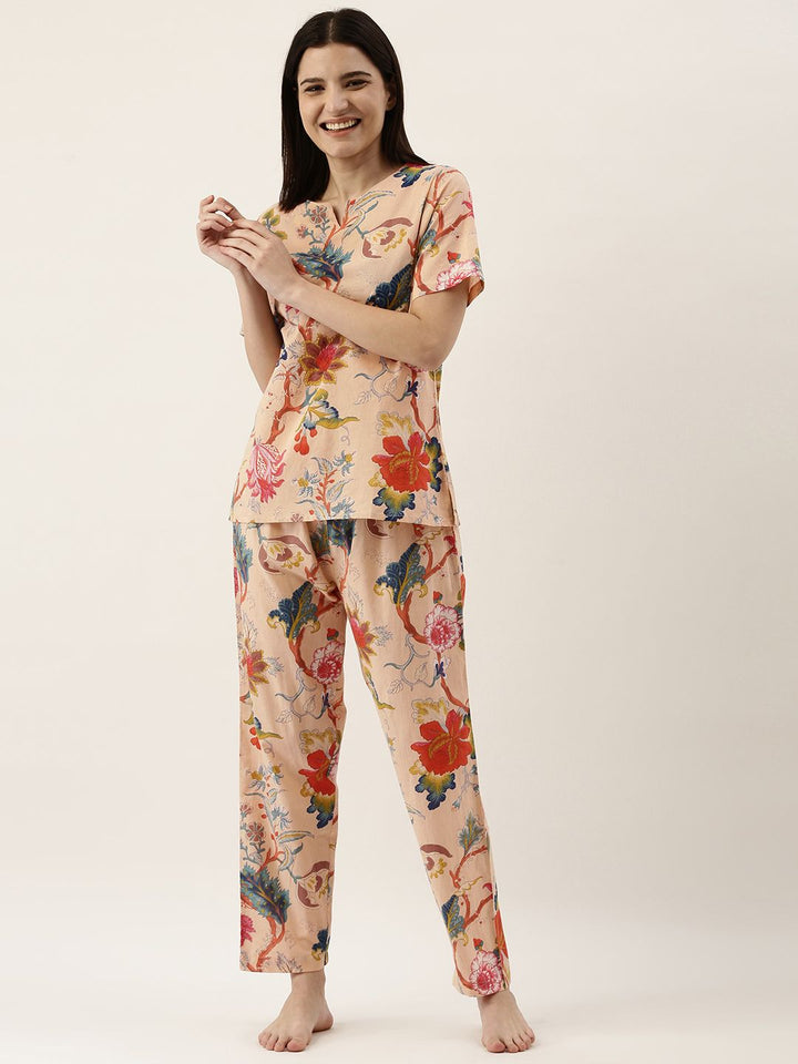 SANSKRUTIHOMES Women Beige Pure Cotton Floral Print Pyjama Set