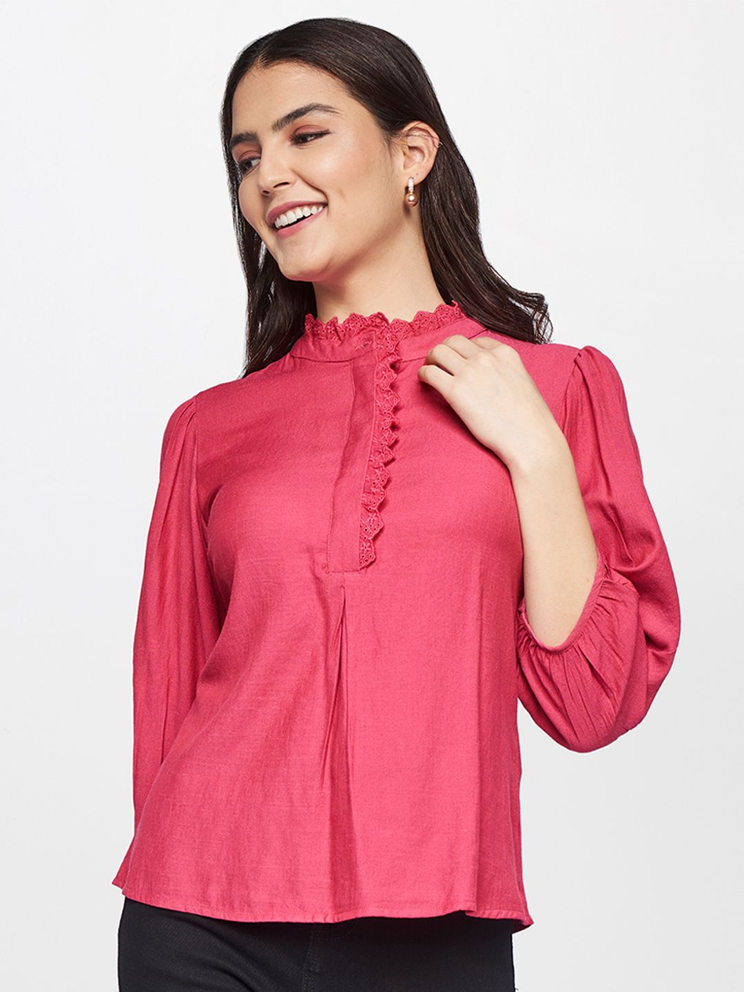 AND Coral Pink Solid High Neck Regular Top