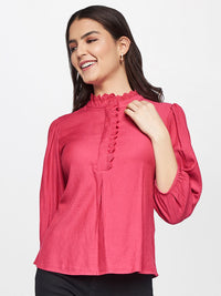 AND Coral Pink Solid High Neck Regular Top
