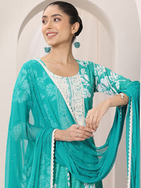 Libas Womens Blue Printed Anarkali Kurta With Trousers & Dupatta