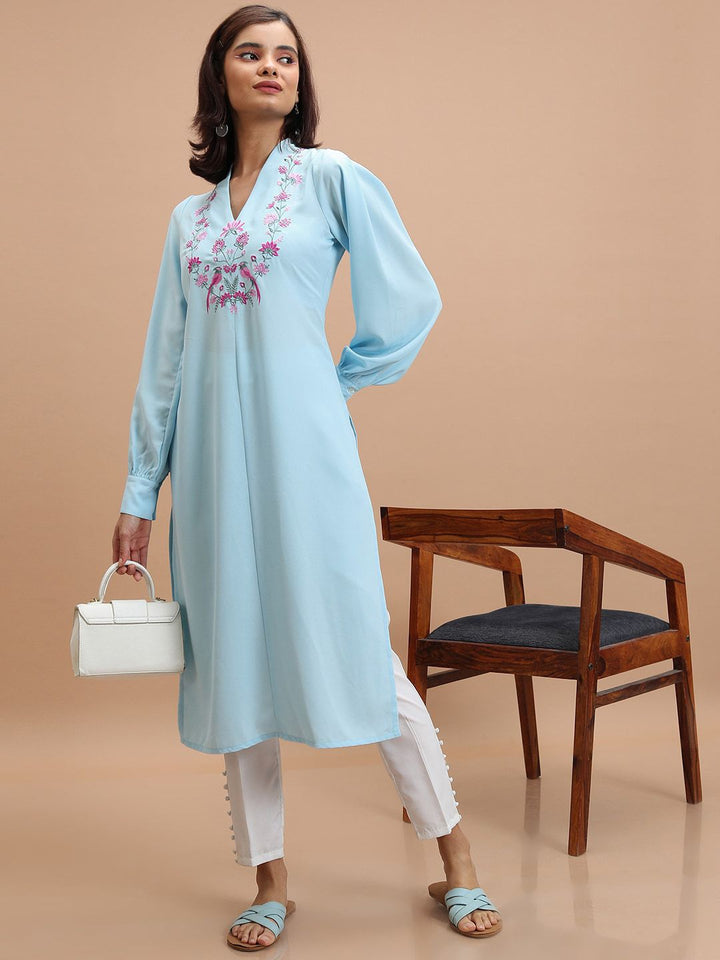Vishudh Blue Floral Yoke Design Thread Work Straight Kurta