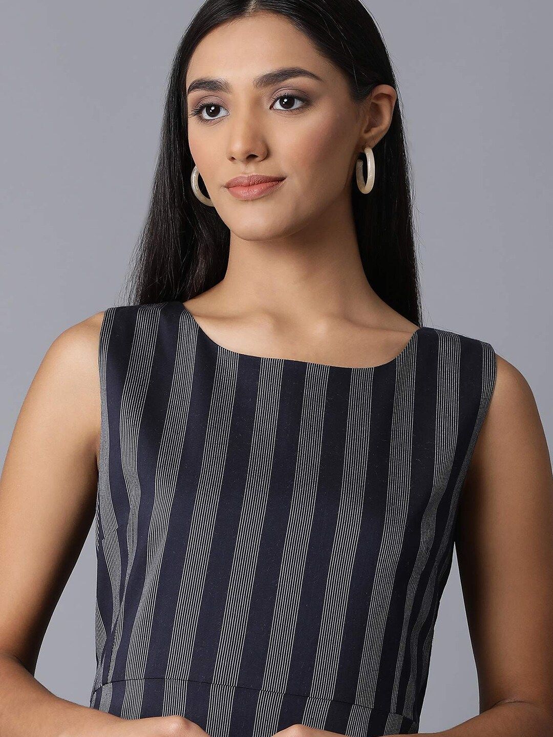 W Women Navy Blue Striped A-Line Dress