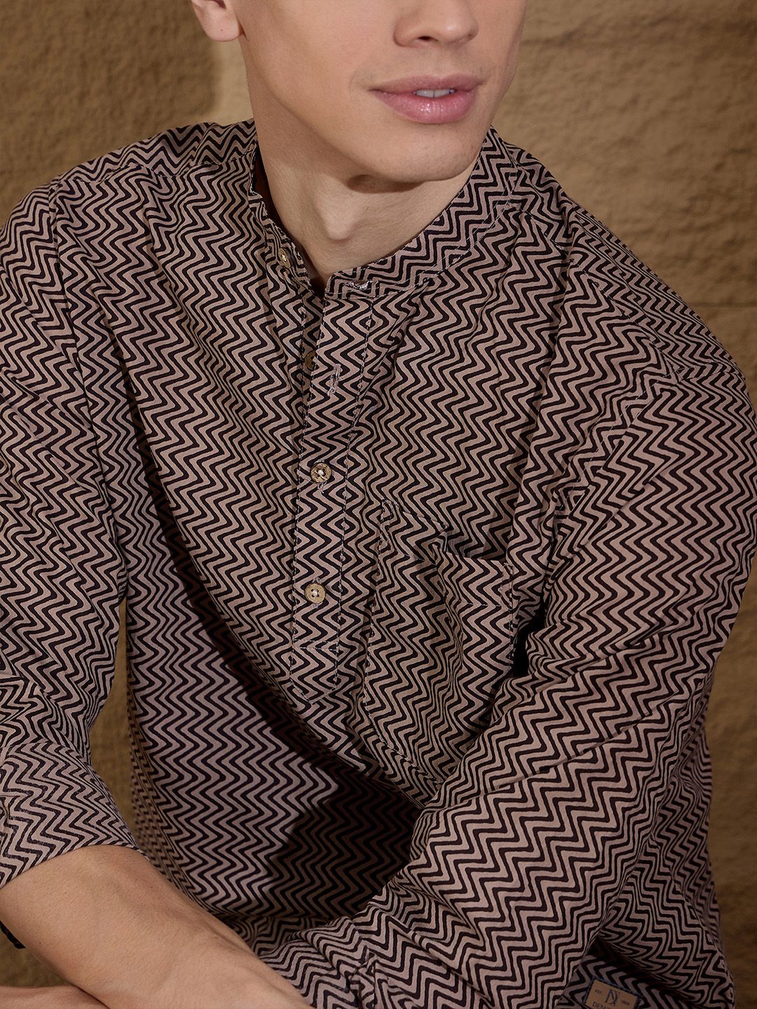 DENNISON Chevron Printed Pure Cotton Band Collar Straight Kurta