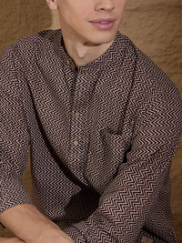 DENNISON Chevron Printed Pure Cotton Band Collar Straight Kurta