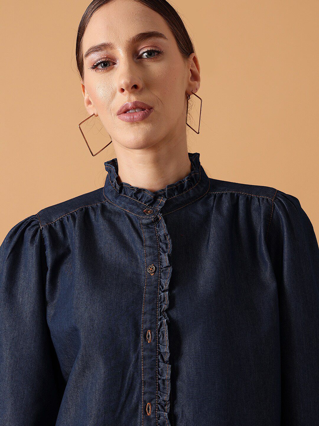 STREET 9 Comfort Band Collar Puff Sleeve Denim Casual Shirt
